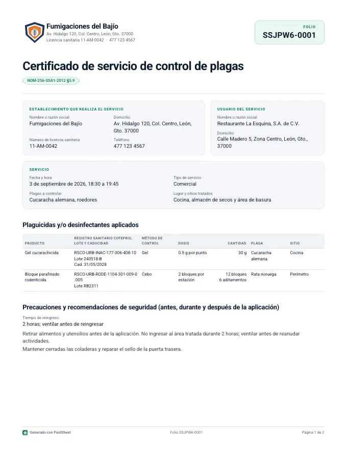 Service certificate, page 1