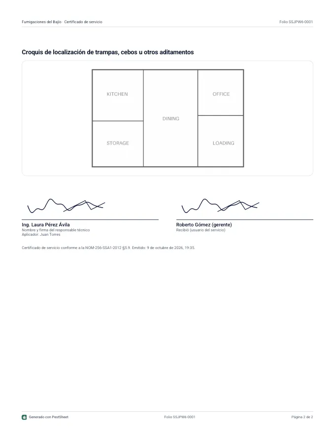 Service certificate, page 2: sketch and signatures