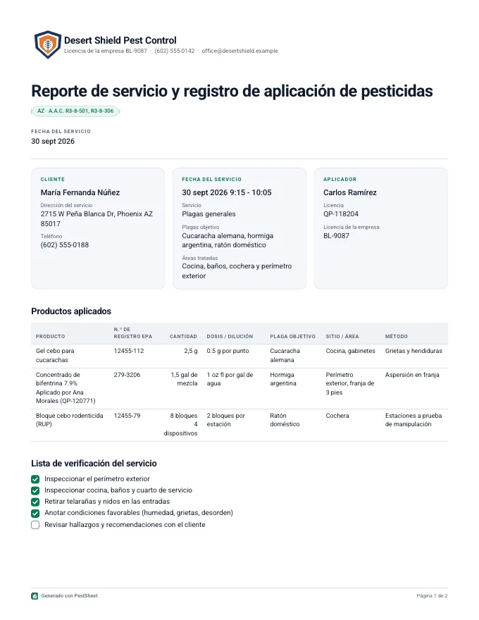 Reporte de servicio en PDF generado por PestSheet: cliente, fecha, aplicador, productos aplicados con número de registro EPA y lista de verificación del servicio.