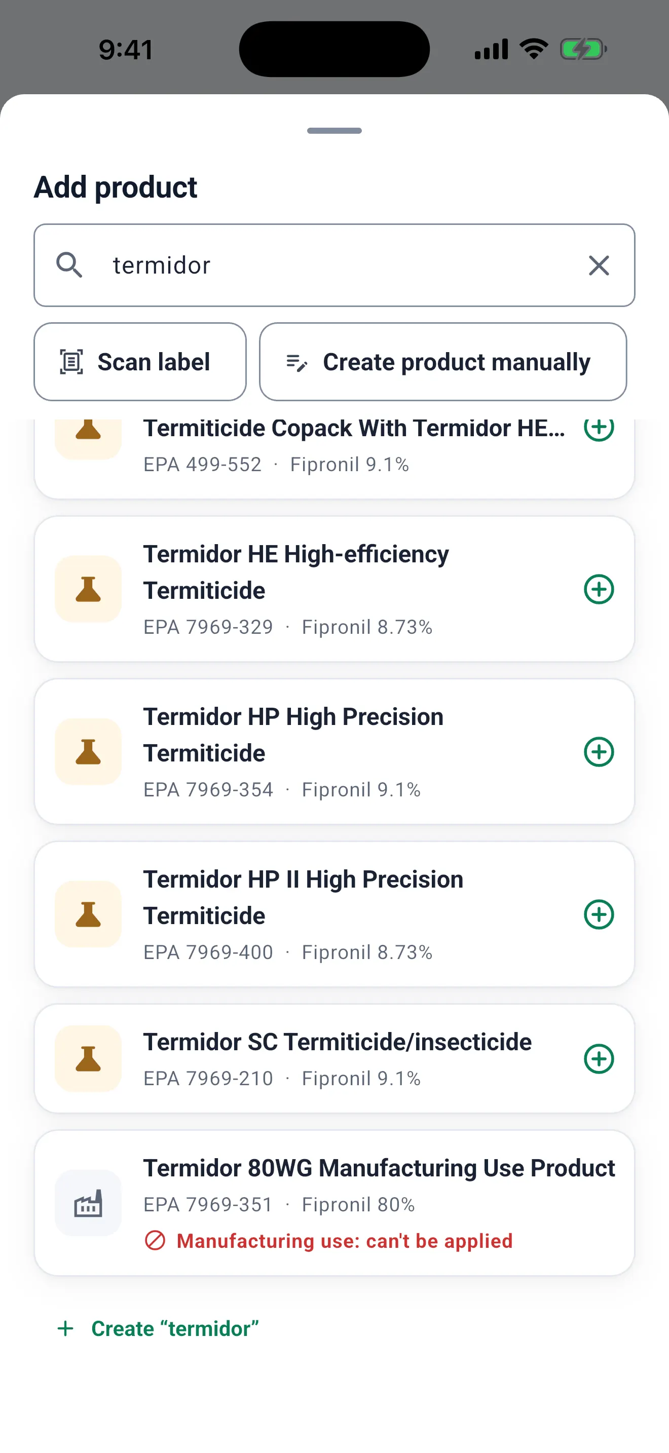 EPA catalog search: "Termidor 80WG Manufacturing Use Product" marked "Manufacturing use: can't be applied".