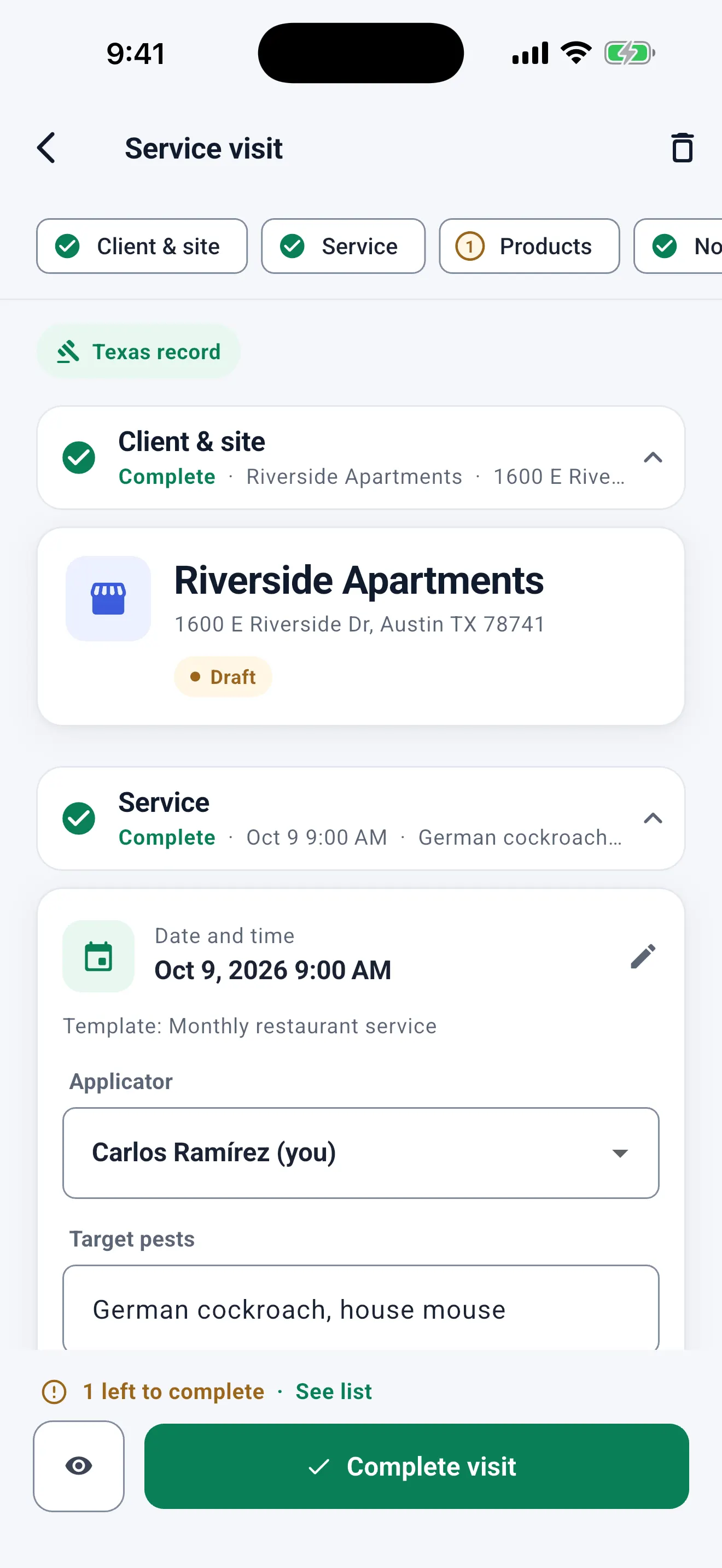 Service visit for Riverside Apartments, a Texas record, split into sections (Client & site, Service, Products) with their status, and "1 left to complete · See list" above Complete visit.