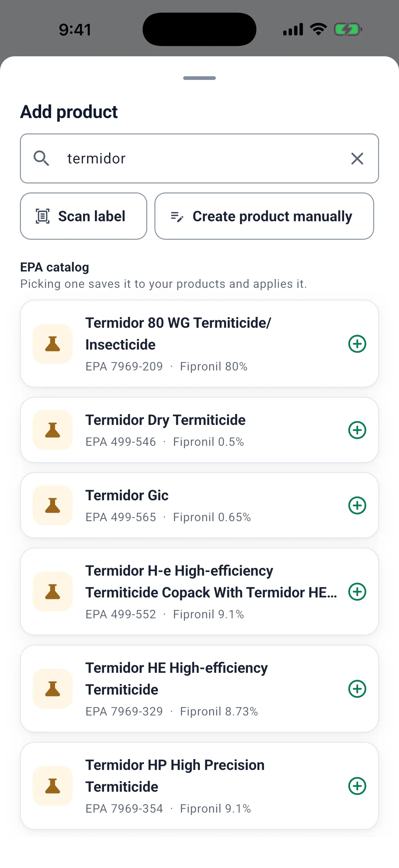 Add product inside the visit: searching "termidor" in the EPA catalog, with the EPA Reg. No. and active ingredient of each product, Scan label and Create product manually.