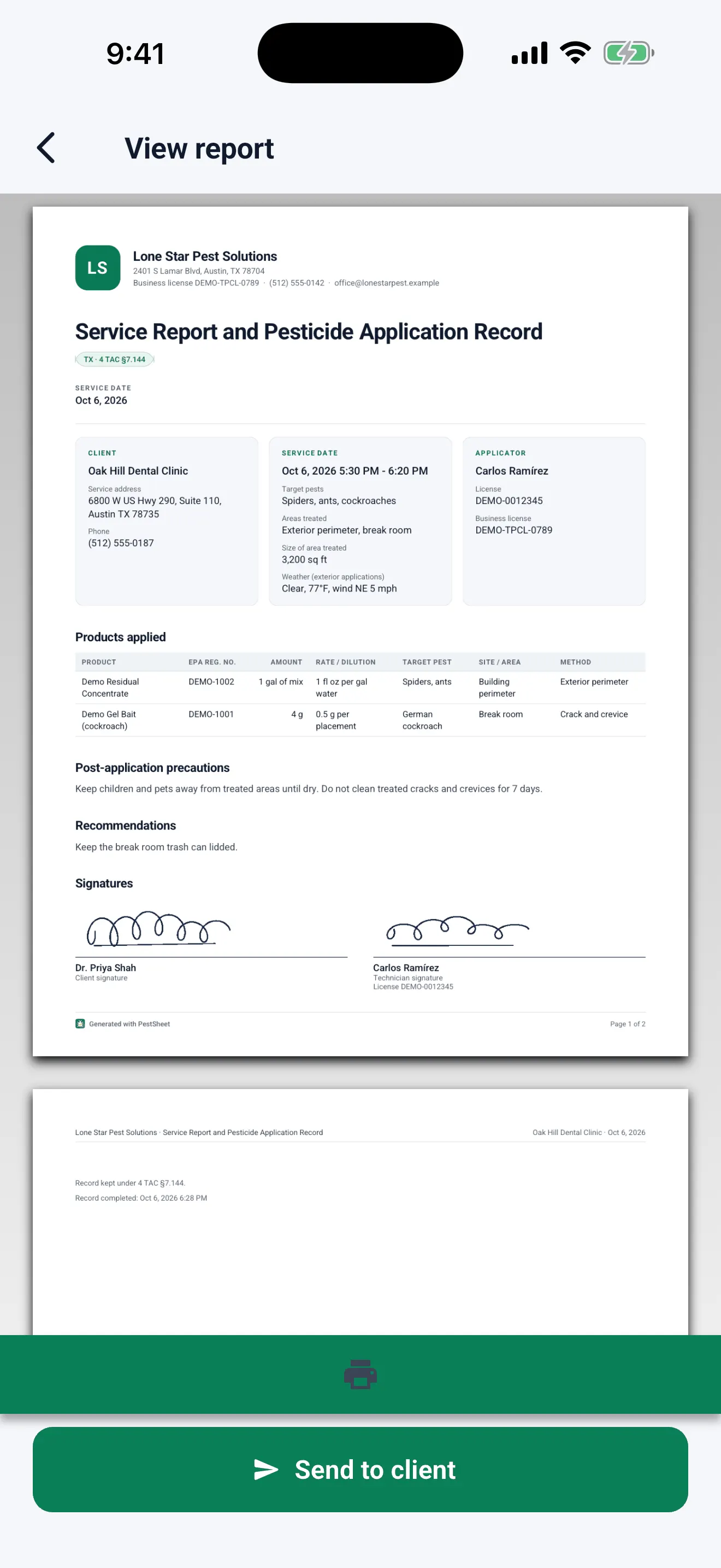 PDF report preview: business, client, service date, applicator, products applied and the signatures, with a Send to client button.