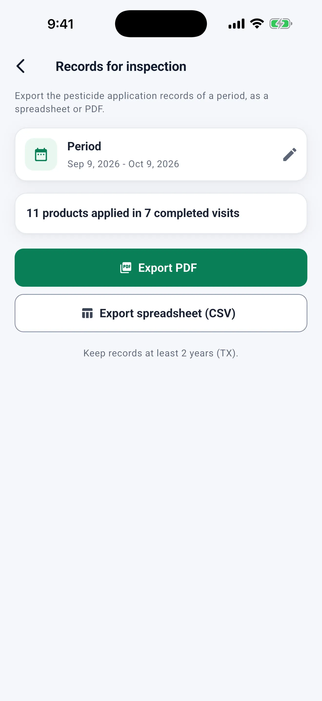 Records for inspection: pick a period, see how many products were applied in how many completed visits, and export as PDF or spreadsheet (CSV). Keep records at least 2 years (TX).