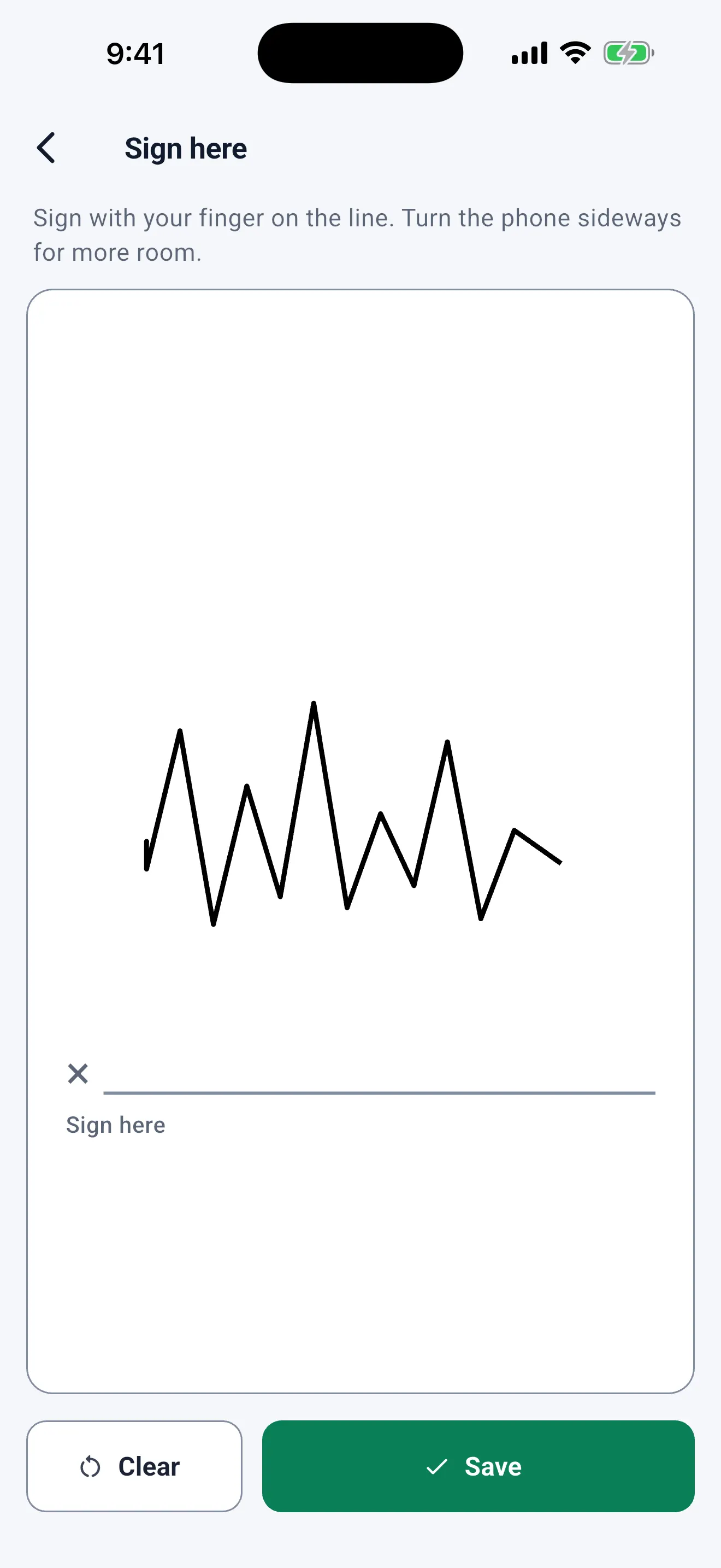 Full-screen signature: the client signs with a finger on the line, with Clear and Save at the bottom.