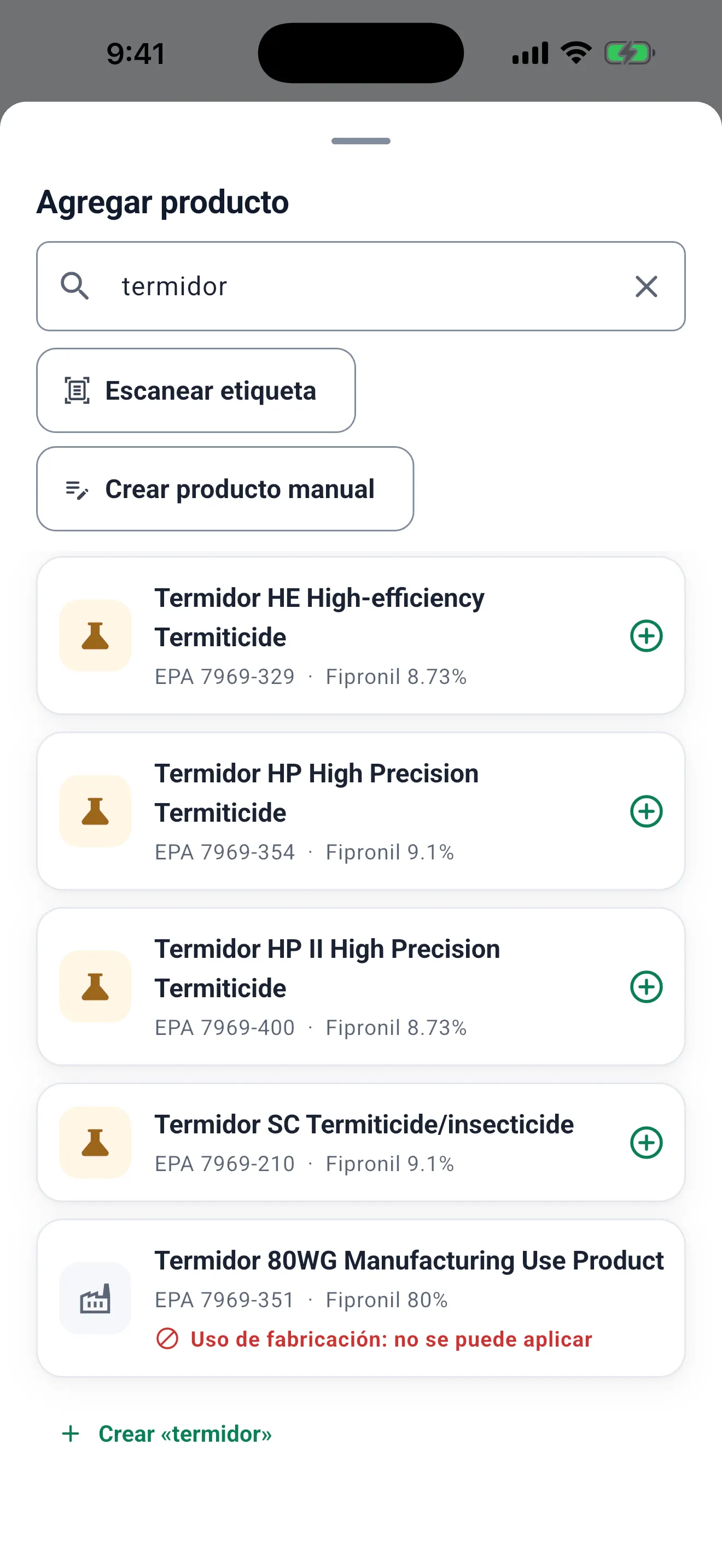 Búsqueda en el catálogo EPA: "Termidor 80WG Manufacturing Use Product" marcado "Uso de fabricación: no se puede aplicar".