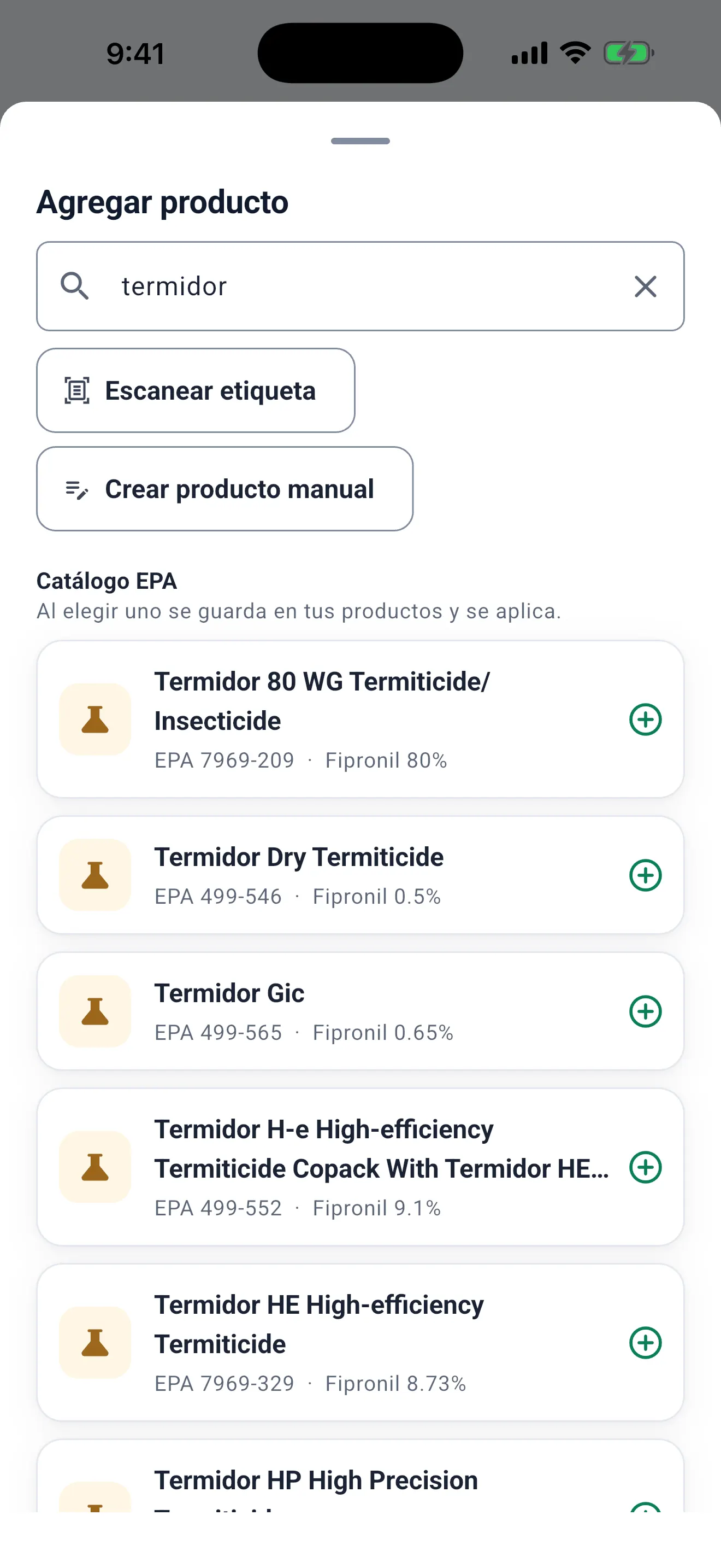 Agregar producto dentro de la visita: búsqueda de "termidor" en el catálogo EPA, con el número de registro EPA y el ingrediente activo de cada producto, Escanear etiqueta y Crear producto manual.