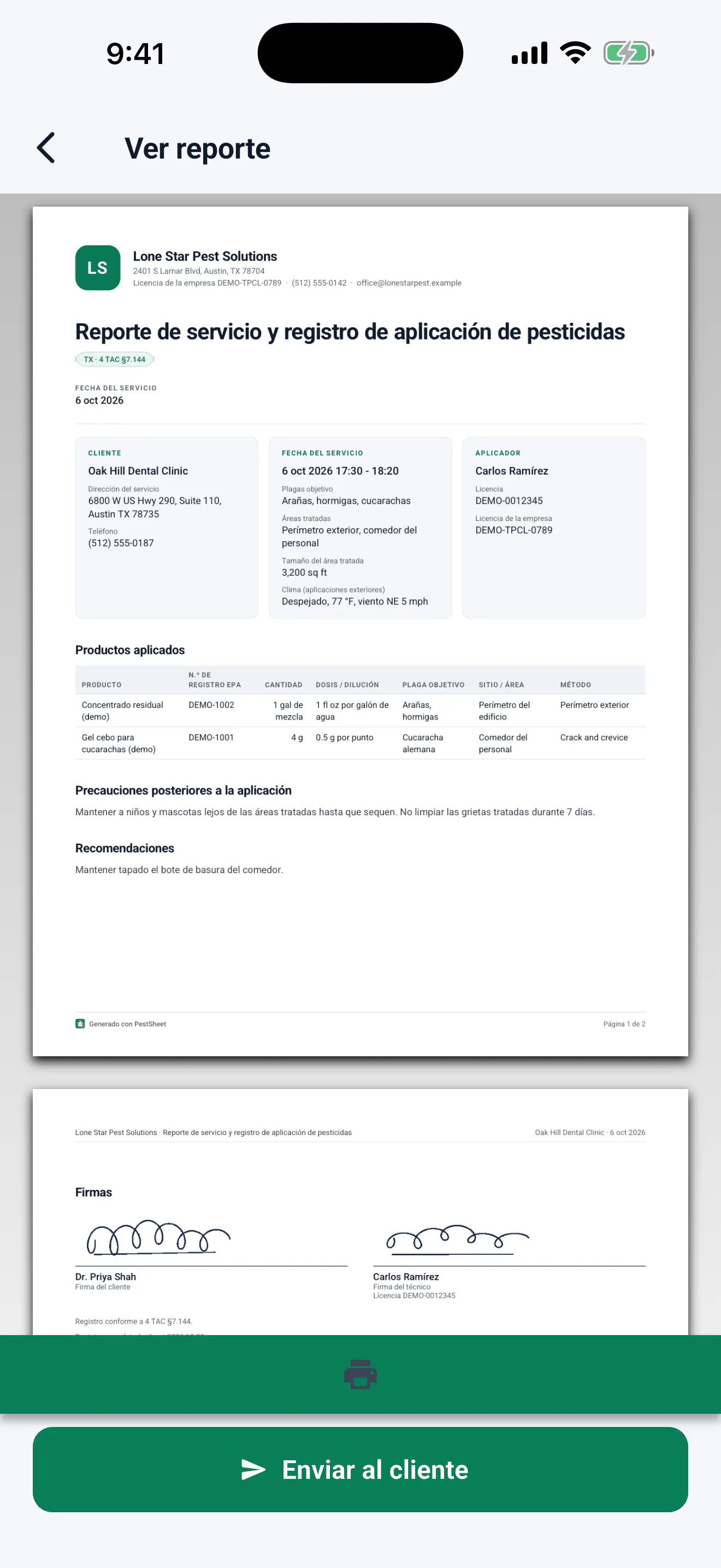 Vista previa del reporte PDF: empresa, cliente, fecha del servicio, aplicador, productos aplicados y firmas, con el botón Enviar al cliente.