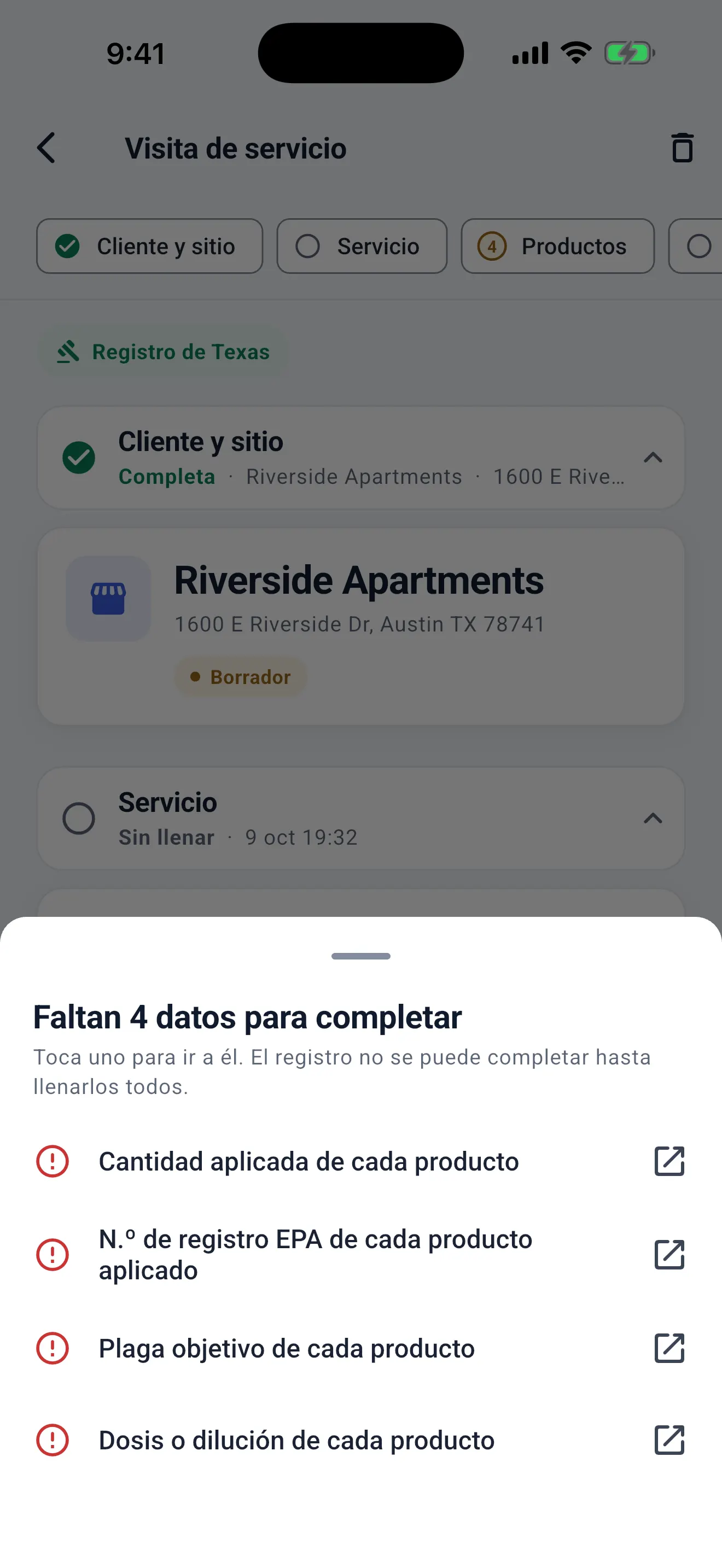 Lista de lo que falta para completar: cantidad, número de registro EPA, plaga objetivo y dosis del producto. Cada dato lleva al campo.