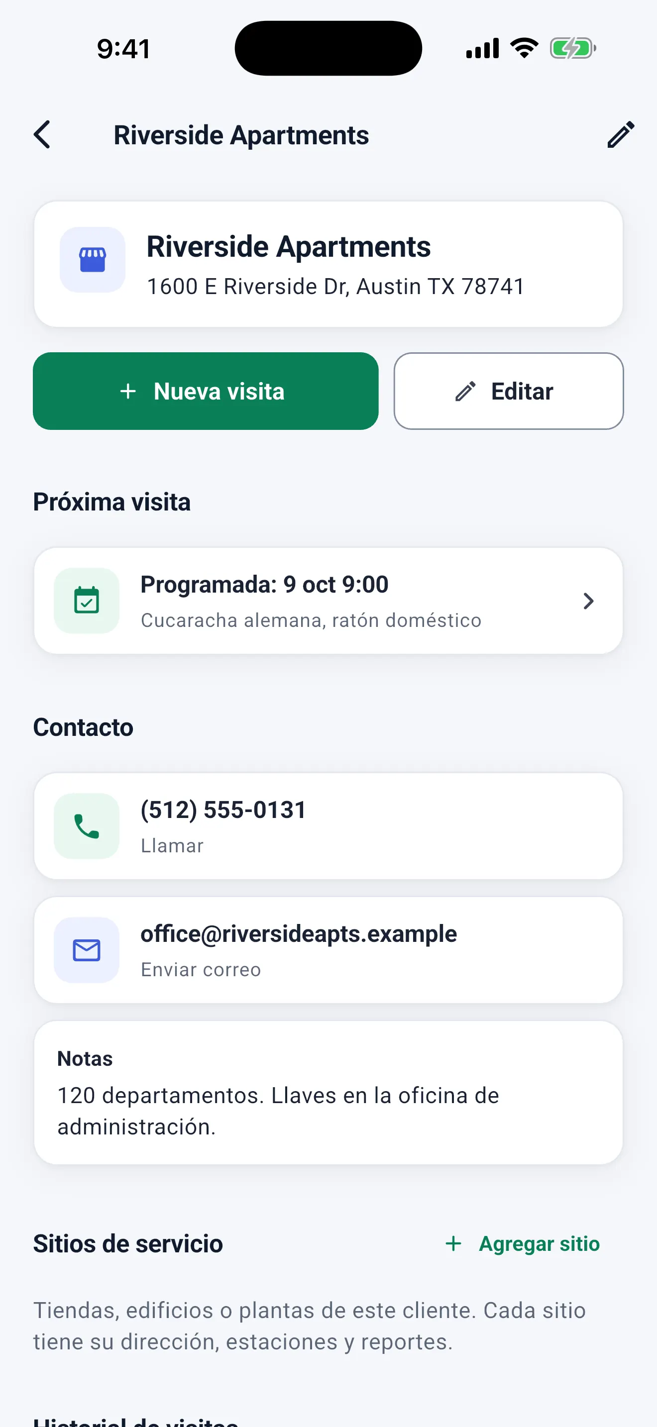 Ficha del cliente Riverside Apartments: Nueva visita, Editar, próxima visita programada, teléfono, correo y notas.